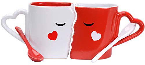Cymax 2 Pièces Ensemble tasse couple café, Ensemble de Tasses S’embrassant avec cuillères - douche nuptiale fiançailles mariage anniversaire Saint Valentin cadeaux de Noël pour couples