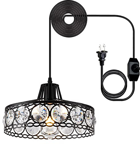 KAERDI Plug in Crystal Pendant Light Black Industria Metal Chandelier Swag Light with 15Ft Cord and On/Off Switch Modern Light Fixture Hanging Lamp for Kitchen Island Dining Room Bedroom,D11.42…