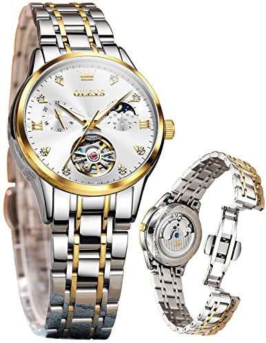 OLEVS Automatische Damenuhren, Diamant-Tourbillon-Armbanduhr, Mondphase, wasserdicht, leuchtend, 6608: Zweifarbiges Band und weißes Zifferblatt, L6608