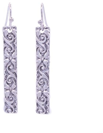 ZARZAMORA Pendientes Bohemio Vintage Plata Tibetana Acabado Antiguo y Ganchos de Acero Inoxidable Plateado - Colgante Diseño Étnico Largo Tallado Rectangular - Regalo Original