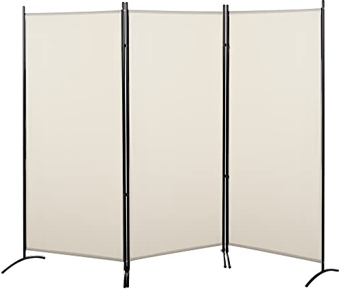HOMCOM Paravent 3 Panneaux dim. 2,53L x 0,5l x 1,82H m Store latéral Brise-Vue paravent sur Pied séparateur métal Polyester Haute densité Beige