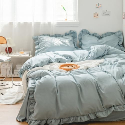 AShanlan Bettwäsche mit Rüschen 200x200 Blau Hellblau Romantische Bettbezug Superweiche Microfaser Rüschen Bettwäsche Set mit Reißverschluss und 2 x Kissenbezug 80x80 cm