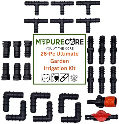 MYPURECORE 26-Pc Ultimate Garden Irrigation Kit: 13mm (1/2) Pipe Connectors, Drip System & Fittings - Universal Hose Attachments for Soaker Hose, Watering Systems, Greenhouses, Lawns - Easy to Install