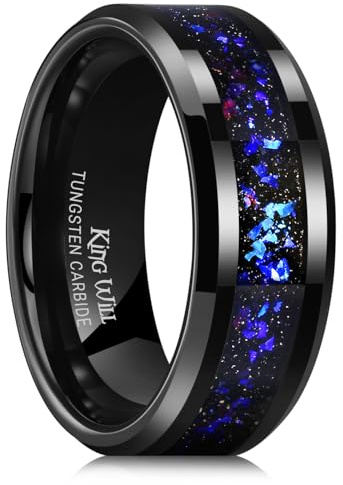 King Will Tungsten Wedding Band Promise Ring for Men 8mm Black High Polished Ring with Black Sand Inlay Blue Purple Sparkles V(11)