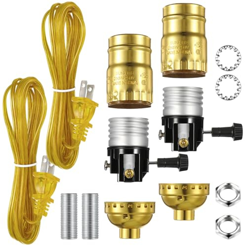 Honoson 2 Sets Lamp Repair Kit Table Rewire Lamp Parts with 3 Way Socket Matching Cord and Essential Hardware Wiring Kit for Table Floor DIY Design Repair Light Do It Yourself(Golden)