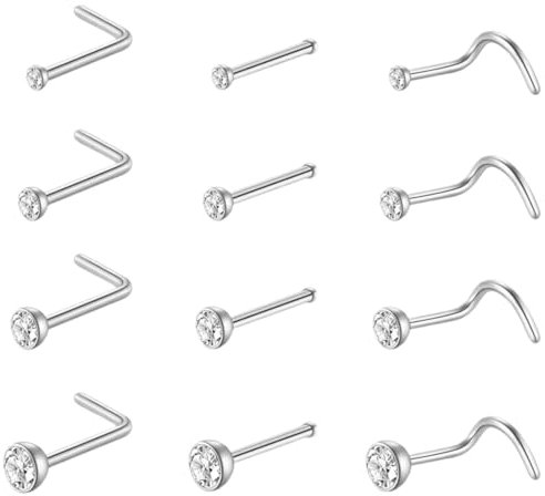 JEYORZY 12 pcs Silber Nasenpiercing, Nasenring Piercings Set, Nasenpiercing Steck Chirurgenstahl Silber L-Form Nasenstecker Piercing Nase Nose Stud Ring Nostril Piercings Damen Nasen Piercing Nase