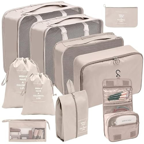 Koffer Organizer Set GUICHENO 10-teiligt Leichte Reisegepäck-Organizer, Reisepackwürfel Koffer Wasserdichte, Packing Organizer Kleidertaschen, Kosmetiktasche, Schuhbeutel, Reise Packtaschen(Beige) ﻿