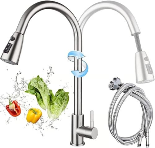 Grifo Cocina EXTRAIBLE de ACERO INOXIDABLE. 3 FUNCIONES; 2 Chorros y Pausa. MOVILIDAD de 360º. Grifo Extensible Cocina.