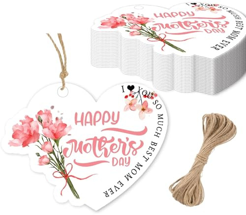 100 st Happy Mother's Day hjärta presentetiketter 5,8 cm glad mors dag hängande papperslappar med sträng blommor mors dag etiketter för mors dag gåva slå in festdekorationer