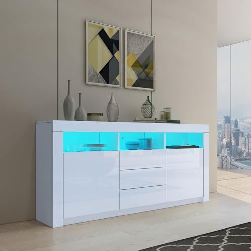 Genforiek 160cm Sideboard Wohnzimmer Anrichte Schrank Hochglanz Highboard mit 2 Türen 3 Schubladen und LED Beleuchtung TV Lowboard für Esszimmer Schlafzimmer Weiß