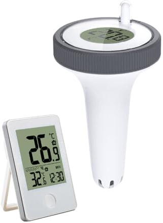 Katomi Termómetro digital inalámbrico para piscina con aplicación – IP68 impermeable Termómetro flotante para piscinas, piscinas y estanques, control remoto, alarma, pantalla LCD (certificado ABS)