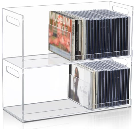 CroBlissful 2 Pcs Acrylic Cd Storage Box, Clear Acrylic Stackable Cd Holder Racks with Cutout Carrying Handles, Organizer Shelf for Media, Movie Cases, Dvds Organizer