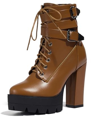 Bviennic Donna Stivaletti Tacco Alto a Blocco con Plateau Moda Punta Rotonda Zip Festa Polacchine 2305 Marrone Numero 38 EU/39Cn