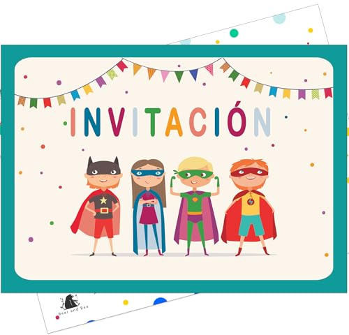 Bear and Bee Set de 20 Invitaciones Cumpleaños Niños – Tema Superhéroes, Tarjetas A6 Sin Sobres – Invitaciones Fiesta para Niños y Niñas