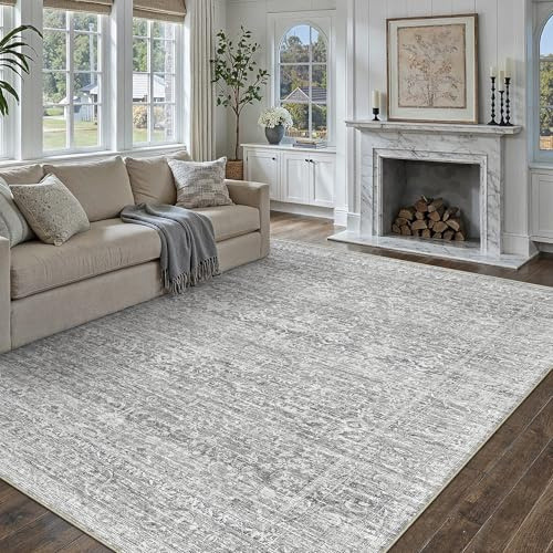 PureCozy Alfombra Salon 200x300cm Gris Antideslizante Lavable Vintage