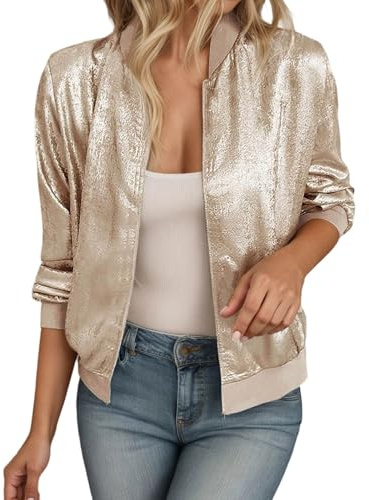 Chaqueta dorada para mujer, chaqueta bomber, chaqueta corta con cremallera, chaqueta de aviador, chaqueta ligera de manga larga, sudadera de manga larga, cuello de béisbol, chaquetas de otoño