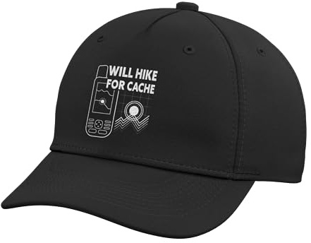 Will Hike for Cache Funny Geocaching Adjustable Printed Baseball Hat, Black
