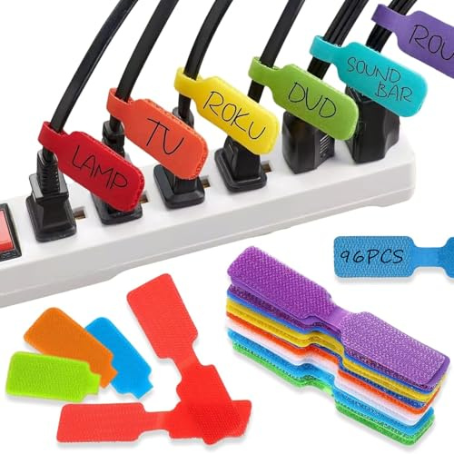 96PCS Multi-Color Reusable Cable Labels, Write On Waterproof Cable Tags, Hook and Loop Fastener, Self Adhesive Cabl Markers, Tags Stickers, for Cord Management and Identification