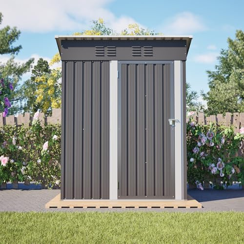 Cobertizo de metal de 152 x 84 cm (1,27 m²), techo plano, puerta única con cerradura, sin ventana, acero resistente a la intemperie, para bicicletas y herramientas de jardín, color gris oscuro