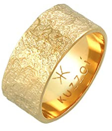 Kuzzoi Herrenring (9 mm) Massiv Handgeschmiedet, Bandring für Männer aus 925 Sterling Silber vergoldet, Goldener Silberring im Used Look, Ring mit rustikaler Struktur, Ringgröße 60, 0612152920_60