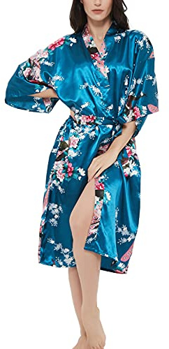 Peignoir Kimono en Satin à Imprimé Rose pour Femme Premium Paon Demoiselle d'Honneur Mariée Robe de Chambre Vêtements de Nuit Pyjama, 3XL Grande taille