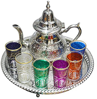 Juego de té marroquí, Tetera de Alpaca de 800 ml con patas, Bandeja con Patas 32 cm y 6 Vasos de Colores
