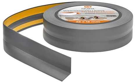 Quest Självhäftande Mjuk Golvlist – 25 mm x 15 mm – Böjbar list, avslutningslist för kök och badrum – Sockellist PVC, flexibel, vattentät, dekorativ (Mörkgrå, 25m)