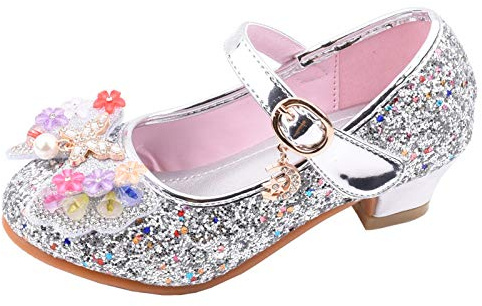 Girls Princess Shoes Mary Jane Buckle Strap High Heel Flower Girl Wedding Party Dress Flats Shoes Sandals Dance Festival Sparkly Glitter Bridesmaid Communion Shoes for Kids Toddler