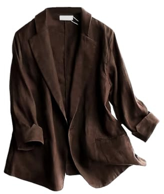IDEALSANXUN bomullslinne blazer kvinnor 3/4 ärm lätta blazers business casual kostymjackor, 1-kaffe, XXL