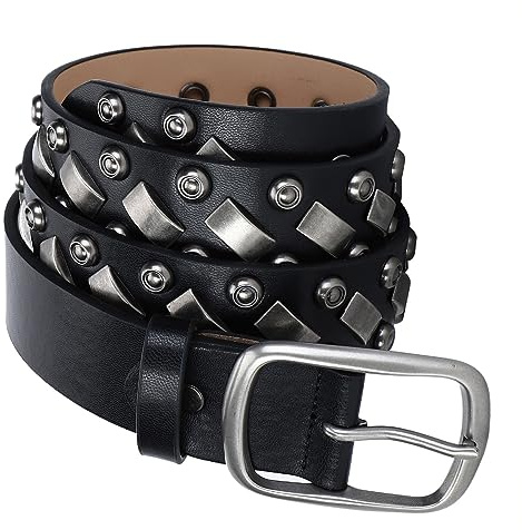 NALANY Ceinture Cloutée pour Hommes Et Femmes Ceinture avec Cercle Argenté Brillant Et d'autres Clous en Métal Punk Rock Rivet Courroie en Cuir pour Jeans(115cm/waist:39, Black05)