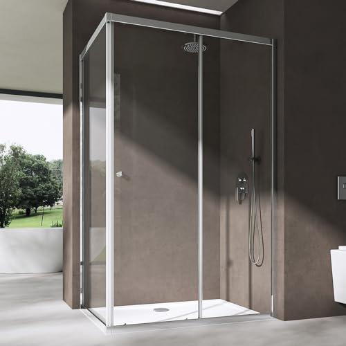 doporro Duschkabine Schiebetür Duschabtrennung 100x140cm Eckeinstieg Klarglas Eckdusche ESG Glas Höhe 190cm Ravenna16L K