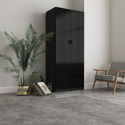 URBNLIVING Glossy Tall 2 Door Wardrobe Bedroom Storage with Hanging Rail Modern Furniture