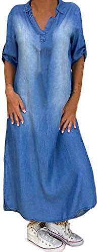 Vestido Vaquero Largo de Tallas Grandes para Mujer, Túnica Elegante de Verano con Cuello en V, Estilo Blusa y Camisa