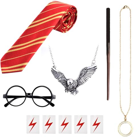 Lot de 10 accessoires de magicien Baguette, cravate rayée, lunettes rondes, collier de sorcier, tatouage temporaire Accessoires de cosplay