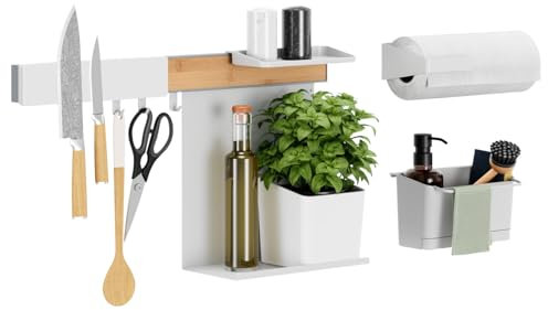 tesa Kitchen Organiser Combo Set XL - Self-Adhesive Kitchen Rail System, Herb Pot, 2 Shelves, Dishwasher Organiser, Knife and Kitchen Roll Holder, Hook Rail with 3 Hooks - Drill-Free - Bamboo/White