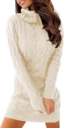 Ebifin Abito Pullover Donna Vestito Invernale Vestiti a Collo Alto Elegante Abito Linea Pullover a Manica Lunga Maglioni Lungo Elastico Autunno., Beige., M