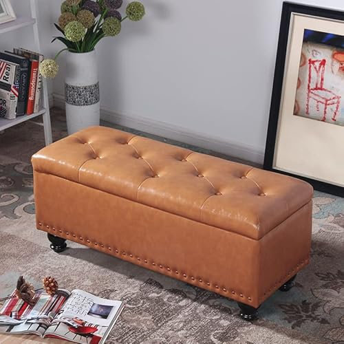 Large Storage Footstool Bench, With Padded Seat - Faux Leather Upholstered Hallway Window Seat Storage Chest - Bedroom Entryway Furniture Organize Space