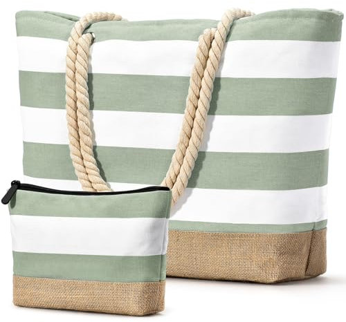 oscaurt Strandtasche Badetasche XXL Shopper Tasche Damen Umhängetasche Wasserdicht Beach Tote Bag mit Reißverschluss Faltbare Reisetasche Travel Bag Sporttasche (Leer-Grau Grün)