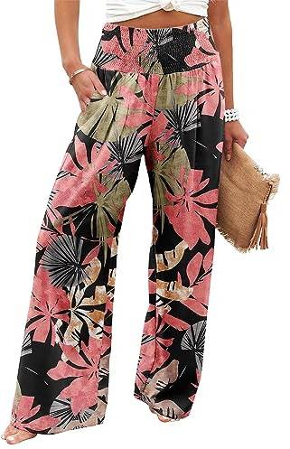 Angerella Womens Smocked Elastic Waisted Palazzo Pants Casual Wide Leg Floral Printed Long Lounge Pant Trousers with Pocket BlackCoral M
