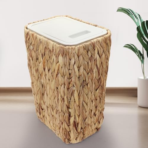Oranwell Small Trash Can with Lid, 3 Gallon Slim Trash Garbage Can Narrow Rubbish Waste Bin Basket with Press Top, Compact Woven Wicker Wastebasket Wastepaper Basket for Bathroom Bedroom Office