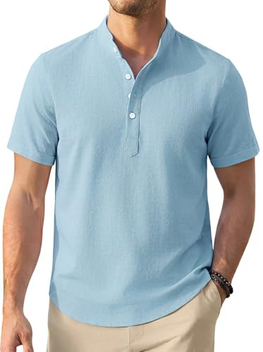 Enlision Camisas Lino Hombre Manga Corta Camisa Verano Hombre Cuello Mao Camisa Verano Playa Casual Henley Azul Cielo 3XL
