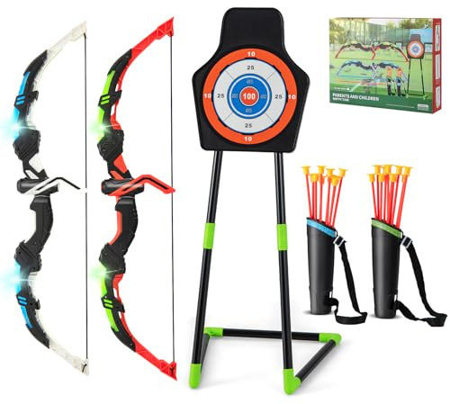 GOPLUS 2 Pack Pfeil und Bogen Kinder, Bogenschießen Set mit LED Leuchten, Kinderbogen mit 2 Bogen, 20 Pfeilen, 2 Köchern & Zielscheibe, Indoor & Outdoor Spielzeug, Spielzeugbogen für Kinder 3-12 Jahre
