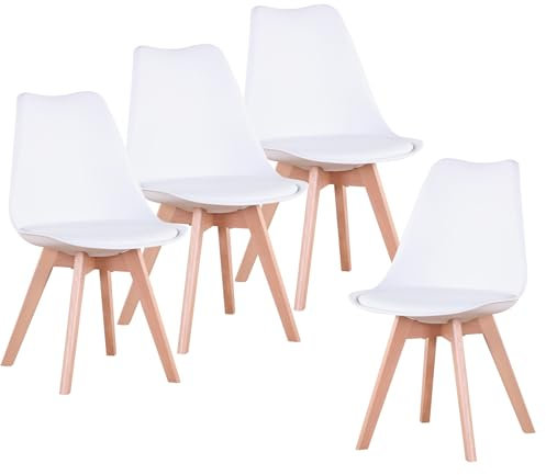 GrandCA HOME 4er-Set Esszimmerstühle,Skandinavische Stühle,Skandinavisches Design, Massivholzbeine, Ergonomisch, für Esszimmer, Wohnzimmer, Küche & Schlafzimmer (Weiß,4)
