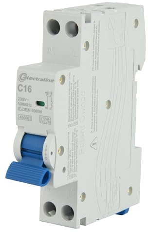 Electraline 87002 Interruttore magnetotermico 16A, curva C (protezione ottimale contro sovracorrenti e cortocircuiti), 1P+N, 4,5kA, 240V, certificati CE, KEMA-KEUR, e UKCA