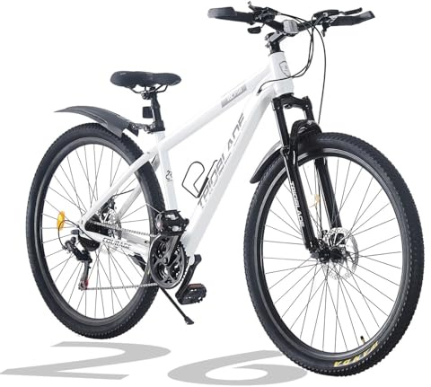 TRIOBLADE 24/26/27.5/29 Inch Mountain Bike 21 Speeds Bike 17.5 Inch Lightweight Aluminium Frame Bicycle for Adult Men Women, Lockout Suspension Fork, Dual Disc Brake (White, 26inch Wheel)
