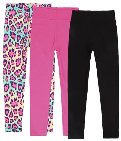 3 Pack Leggings for Girls-Cloud-Like Soft,Ankle Length High Waisted Stretchy Tight Pants for Kids Workout Running Athletic (US, Age, 9 Years, 10 Years, Black&Pink&Leopard)