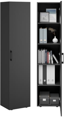 Bellamio Apol Aktenschrank Schwarz – Mehrzweckschrank 40 cm breit – Hochschrank schmal aus Holz – Aufbewahrungsschrank mit 5 Fächern & beidseitig montierbare Tür – Büroschrank, Flurschrank