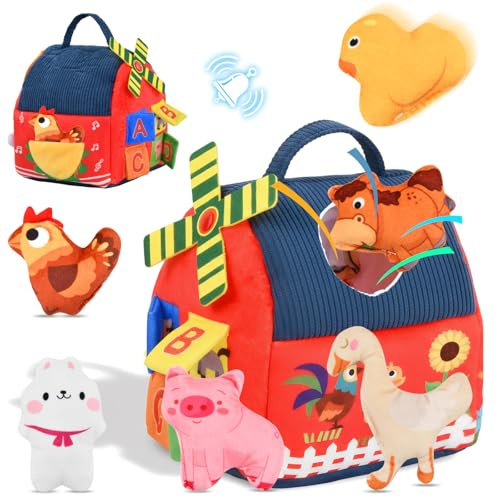 Ecofocet Juguetes Bebés 6-12 Meses – Animales de Granja de Peluche Suaves con Sonajeros/Texturas/Espejo, Juego Montessori Sensorial para Estimular la Motricidad Fina, Regalo Educativo Bebés