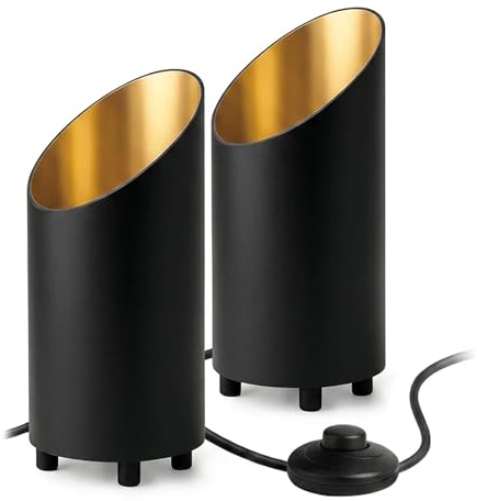 SSC-LUXon AUREVA lot de 2 lampes de sol noir-or – luminaire décoratif LED GU10 pour salon & chambre – petite lampe de chevet design avec interrupteur au pied – aluminium 22 cm