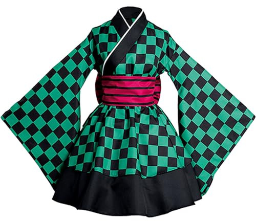 Satdflie japonés Anime Demon Slayer Cosplay Disfraz Kimono Trajes Uniforme Conjunto para Mujeres Niñas Vestido de criada de fiesta de Halloween, Tanjirou/B, XXL